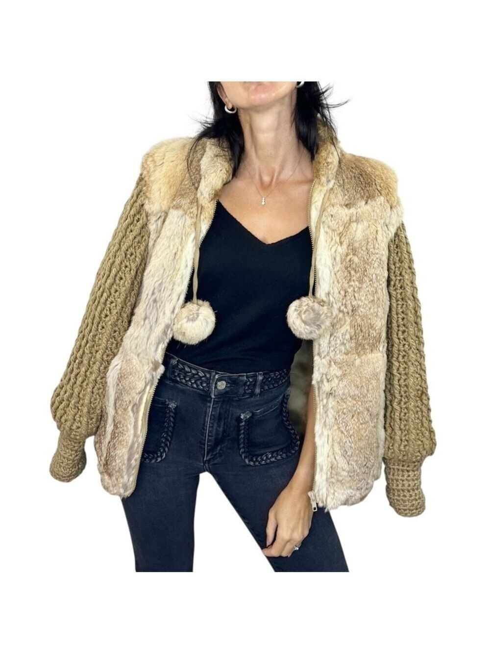 Vintage Ilana beige tan rabbit fur pom pom knit sleeve short jacket coat M